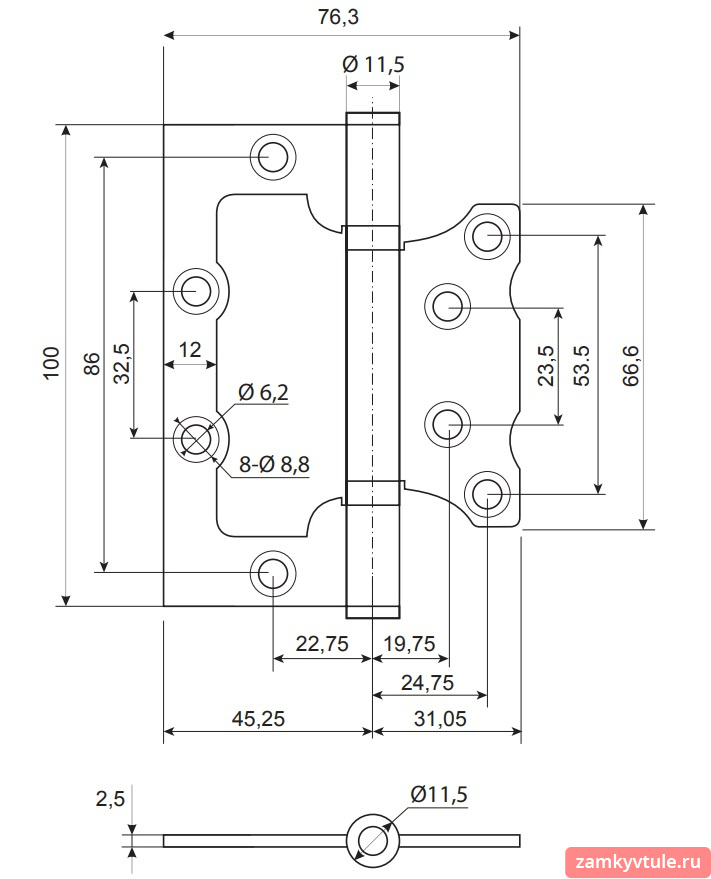 Петля CODE DECO 100*75*2,5-B2-CRS (сатинированный хром)