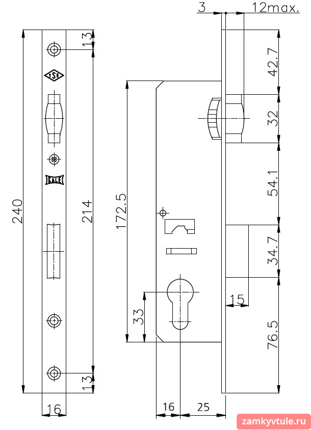 Замок ЗВ KALE 155 Р (25мм) корпус
