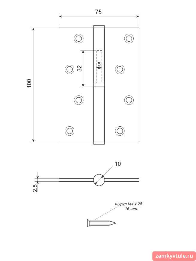 Петля  АVЕRS 100*75*2,5-B-NIS-R (матовый никель) правая